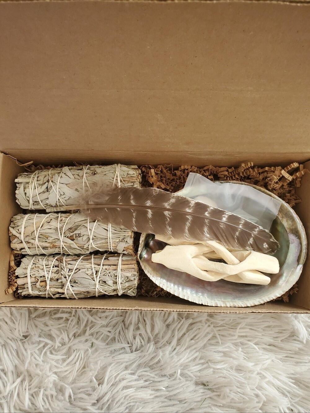 New In Box Smudging Kit with Abalone Shell, Feathers & White Sage Bundles